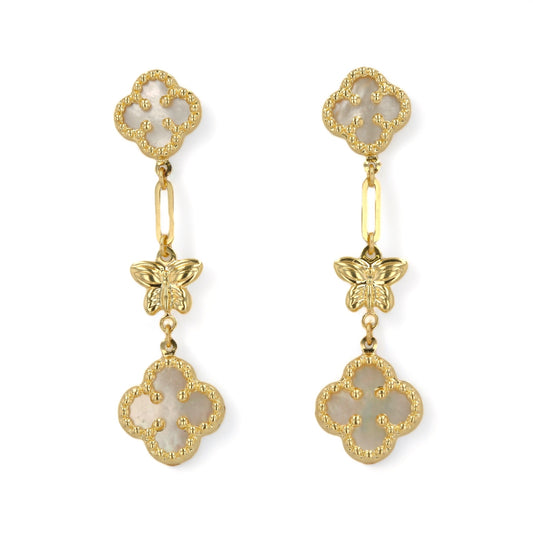 14K Yellow gold dangling clover mother pearl earrings-227157