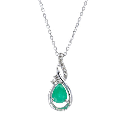 10K White gold drop tear natural  emerald  and diamonds necklace-17694