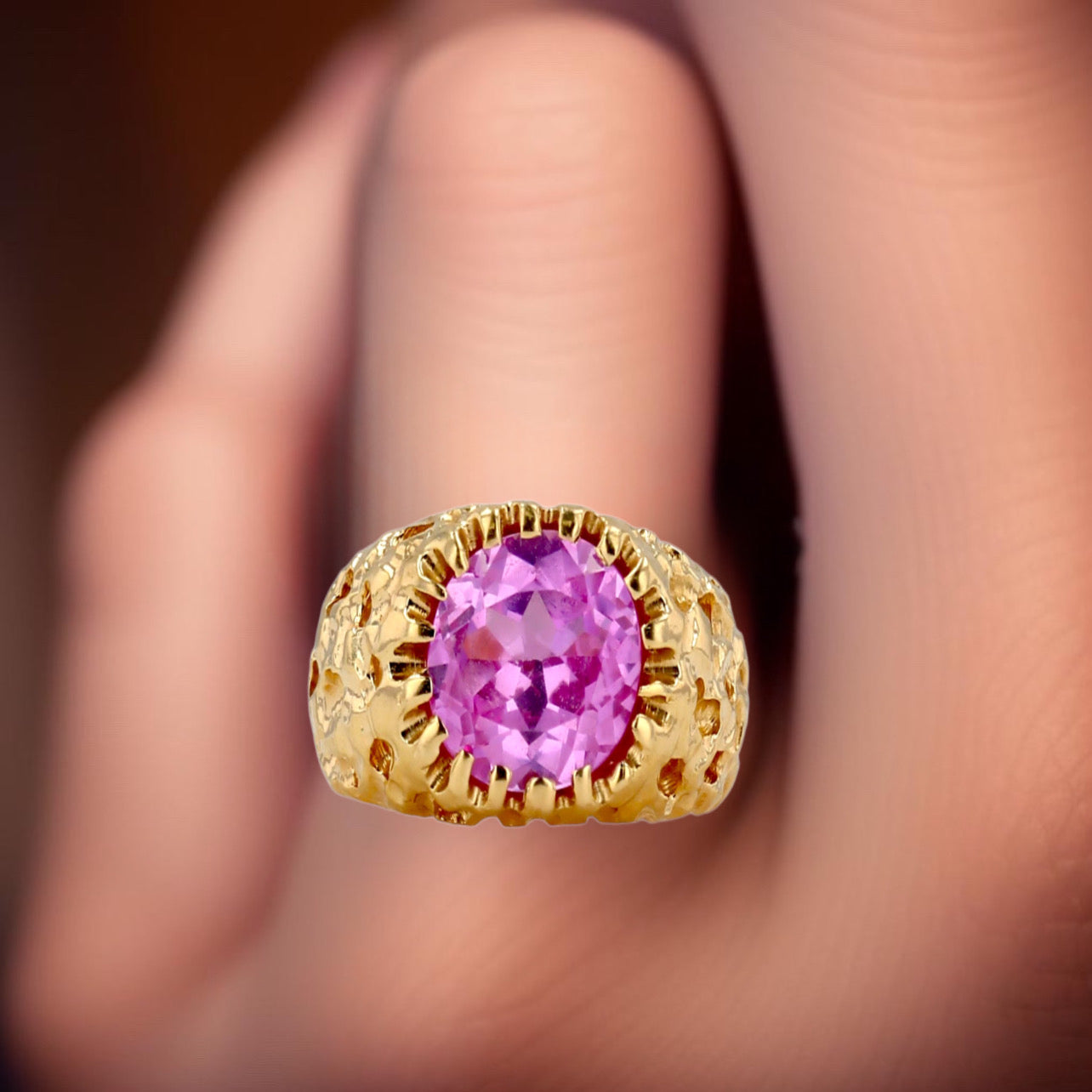14k yellow gold oval nugget texture rose sapphire ring