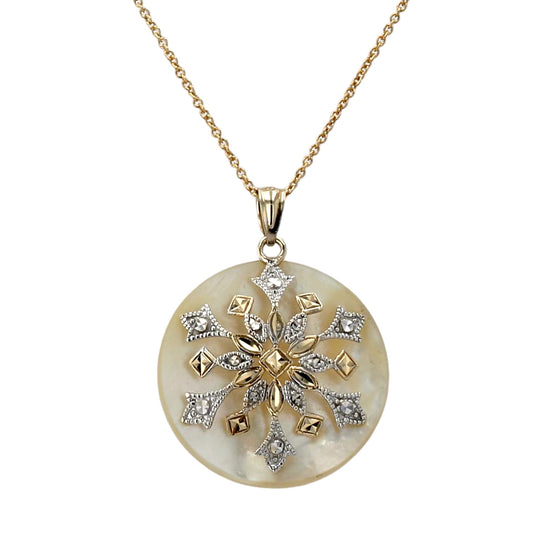 14K Yellow gold French rosette mother pearl pendant necklace