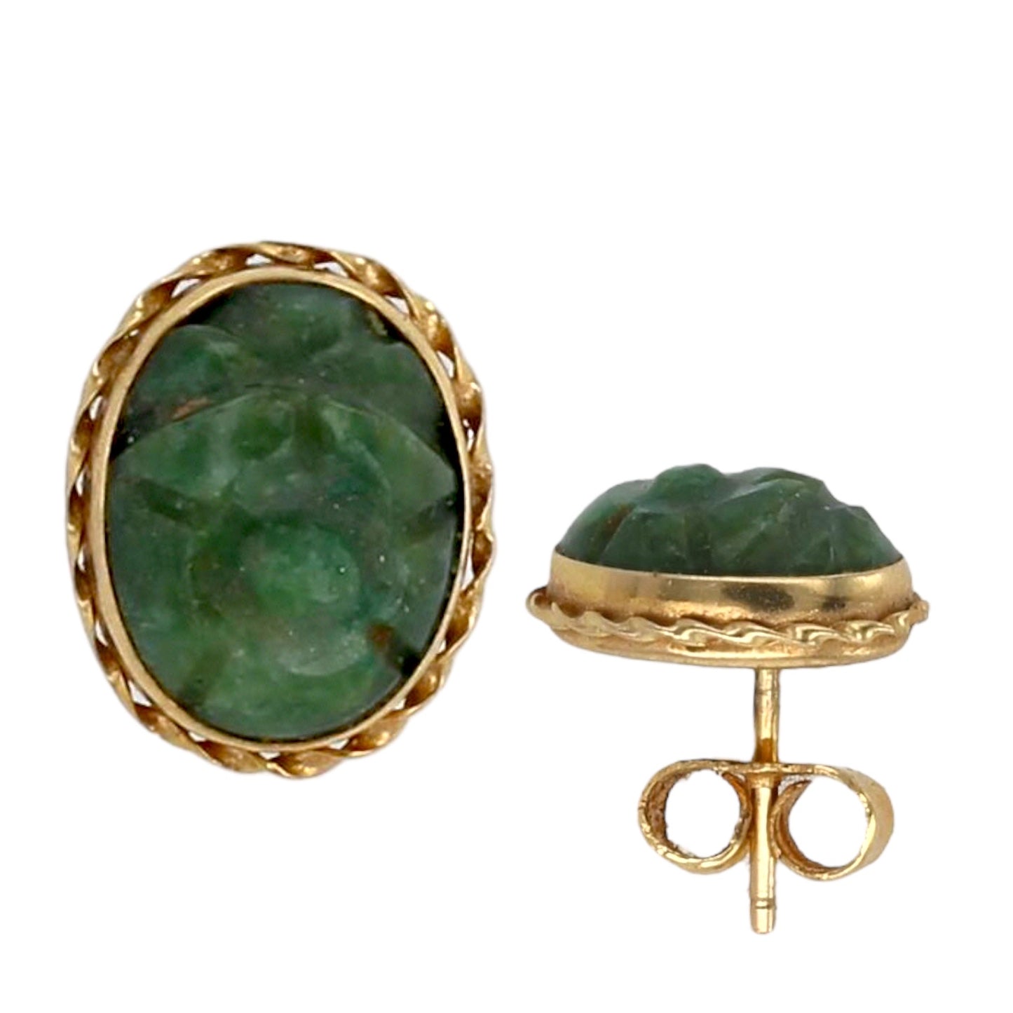 14K Yellow gold oval flower carving jade earrings studs earrings-G001