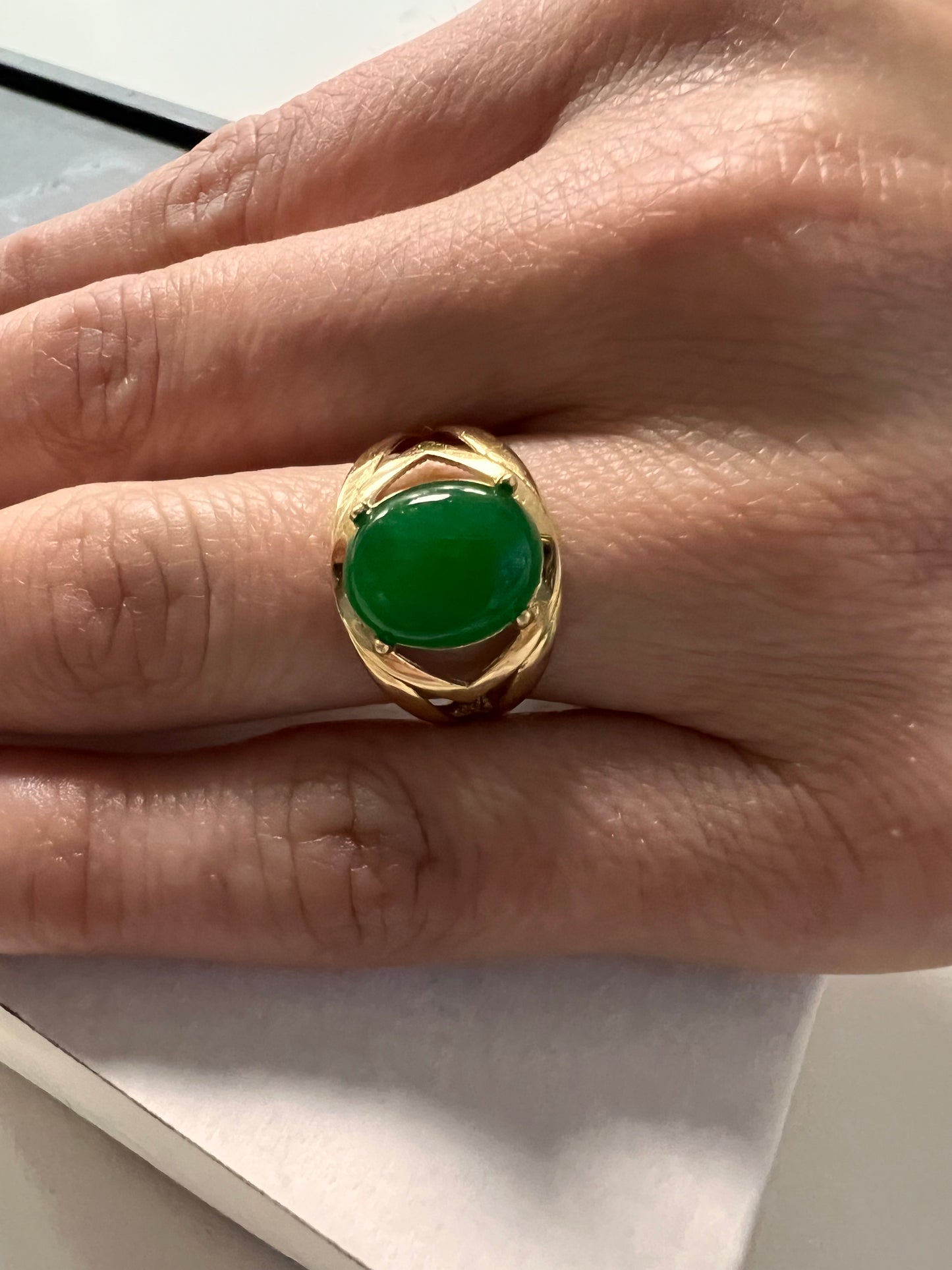 14K Yellow gold oval jade ring-227067