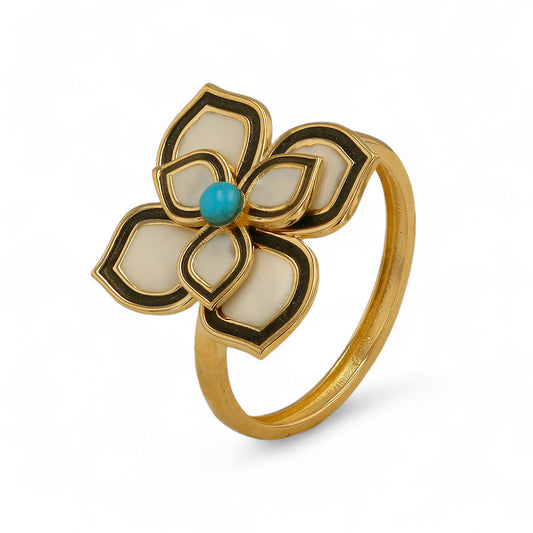 14K Yellow gold lotus ring mother pearl enamel turquoise cabochon -62838