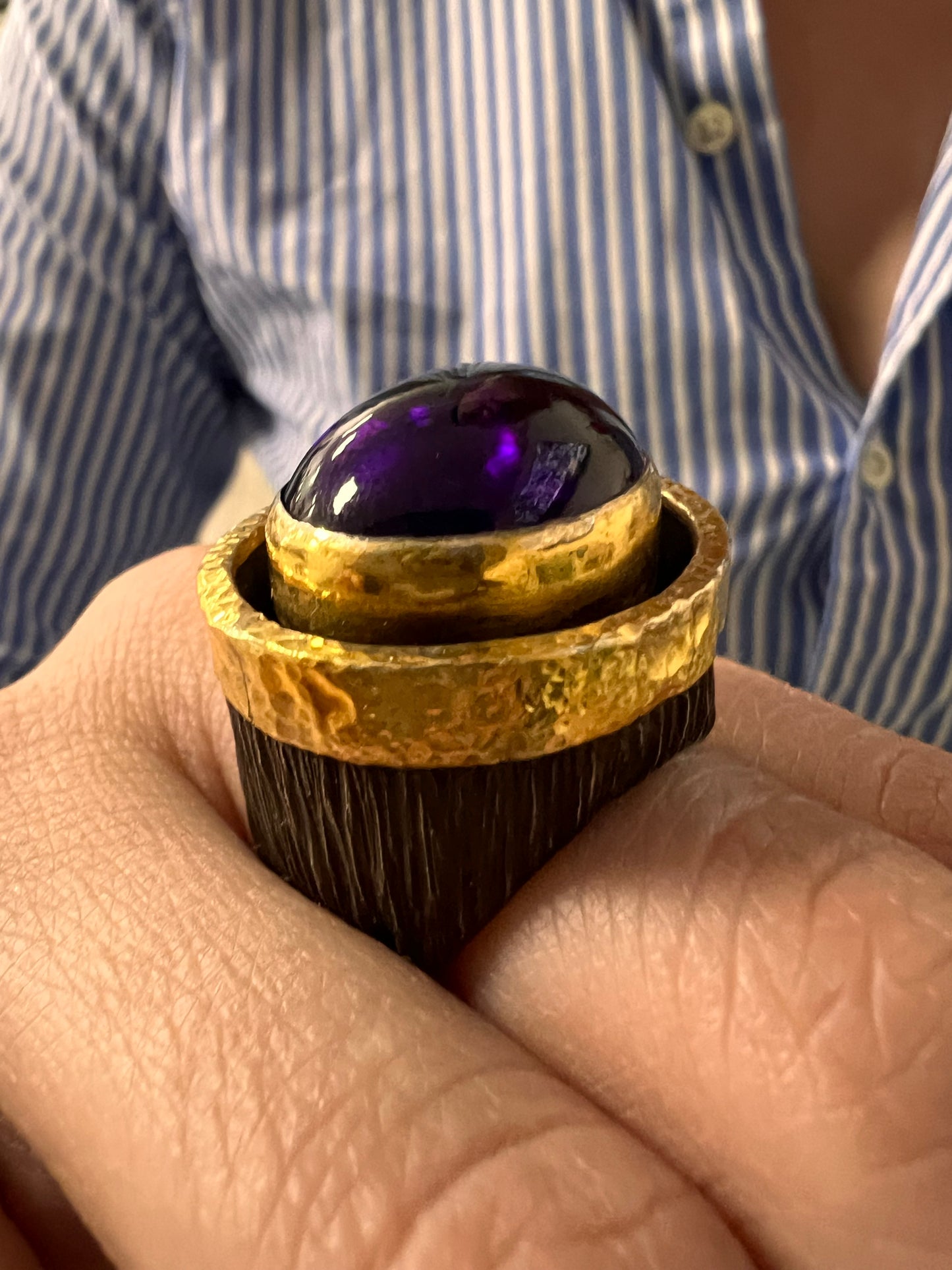 Gold 22k bezel  and oxidative silver 925 30CT oval amethyst handcrafted ring-227055