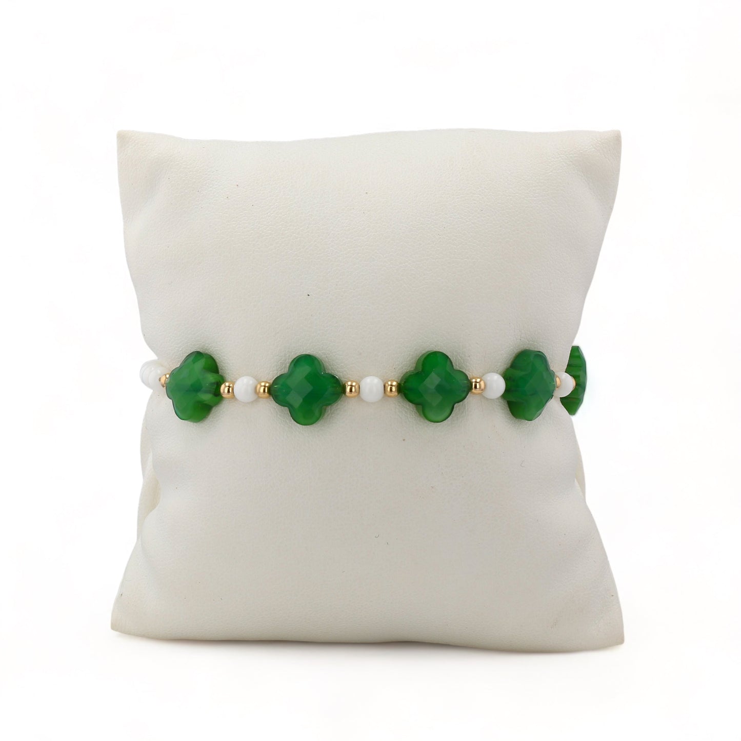 14K Yellow gold white agate green emerald color clover bracelet-63839