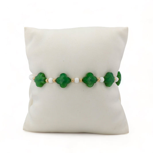 14K Yellow gold white agate green emerald color clover bracelet-63839