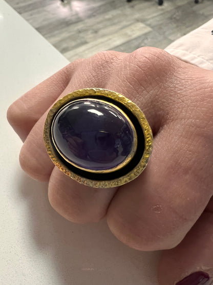 Gold 22k bezel  and oxidative silver 925 30CT oval amethyst handcrafted ring-227055