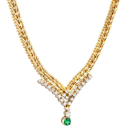 14K Yellow gold solid V choker diamonds and emerald-528383