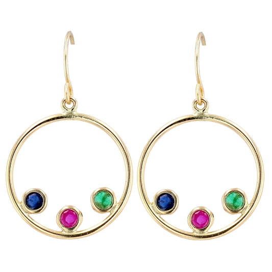 14k yellow gold circle three color ruby sapphire and emerald hoop earrings-48901