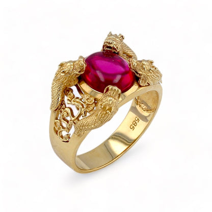 14K Yellow gold 4 dragons ring cabochon ruby labs ring-64898p