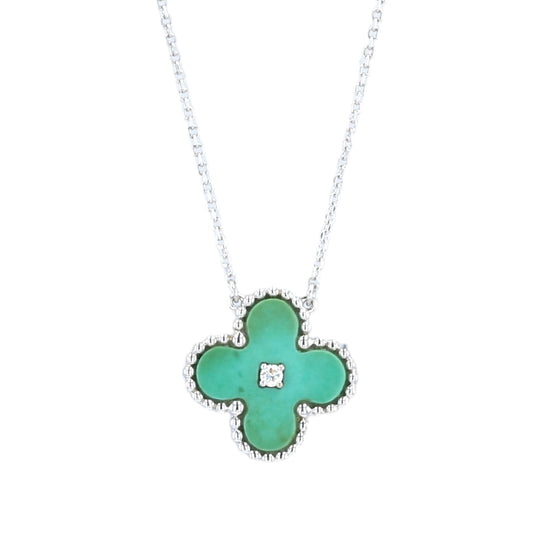18k White gold natural high end turquoise clover diamond accent choker-26786