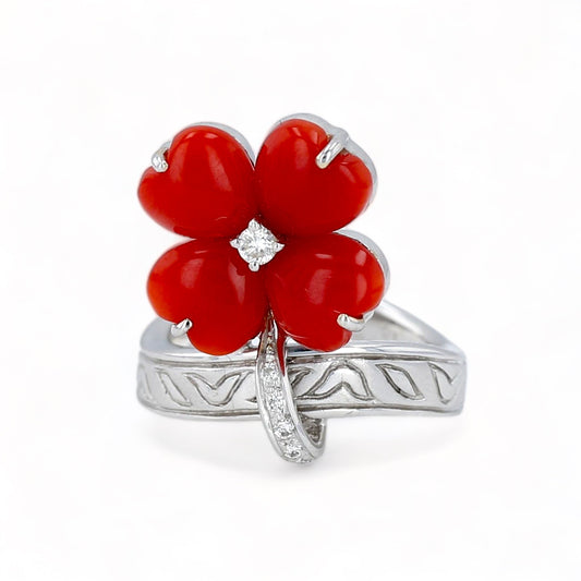 18K white gold handcrafted red natural coral and diamonds accent lucky ring