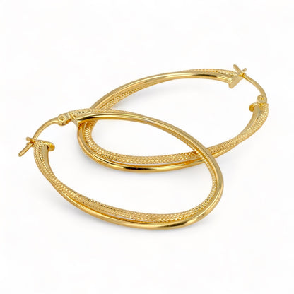 14K Yellow gold texture oval hoops earrings-0968
