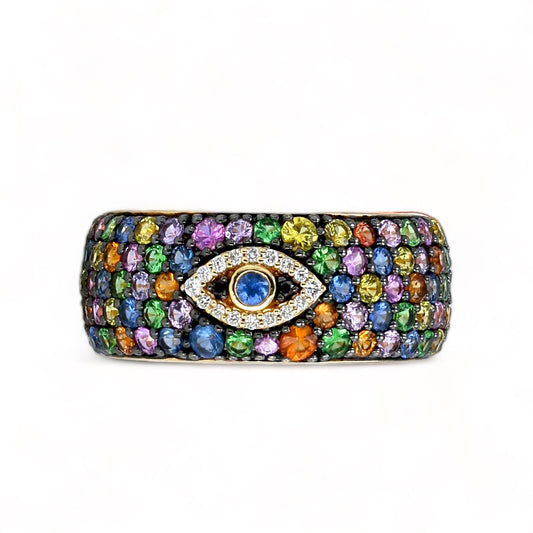 14K Yellow gold multicolor natural sapphire eye amulet ring EFFY ring-31848