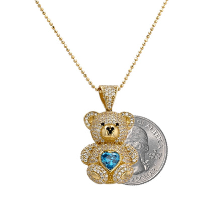 14k yellow gold set blue large teddy bear pendant