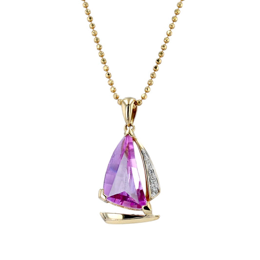 14K Yellow gold sail boat pink sapphire and diamonds Necklace