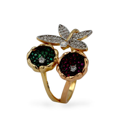 14K yellow gold flower and dragonfly ring-204860