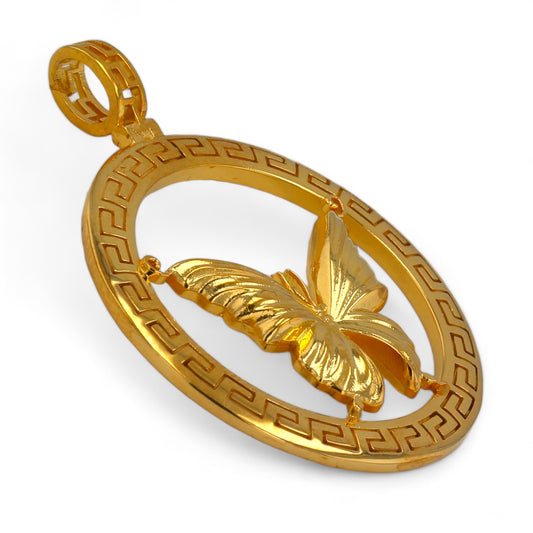 14K Yellow solid gold coin greek butterfly pendant-520834
