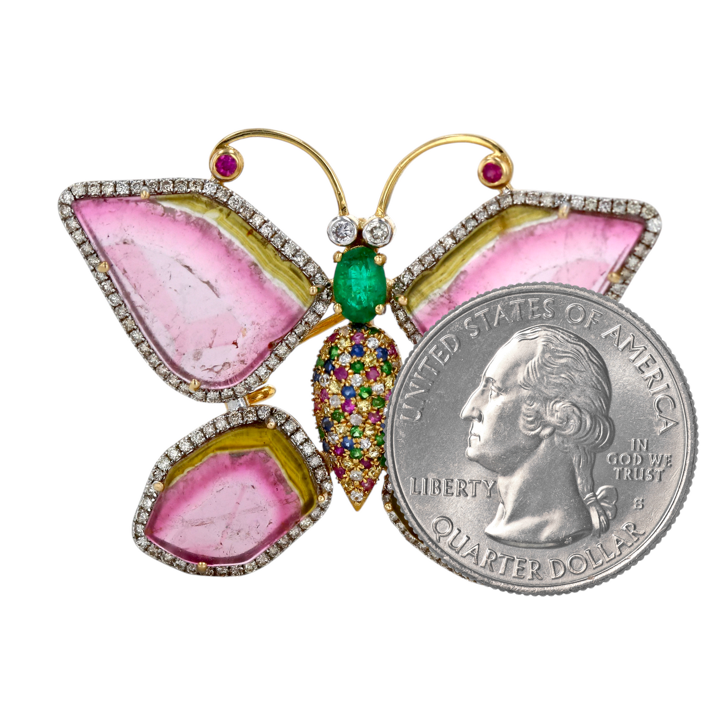 18k Yellow gold  Watermelon tourmaline butterfly pin