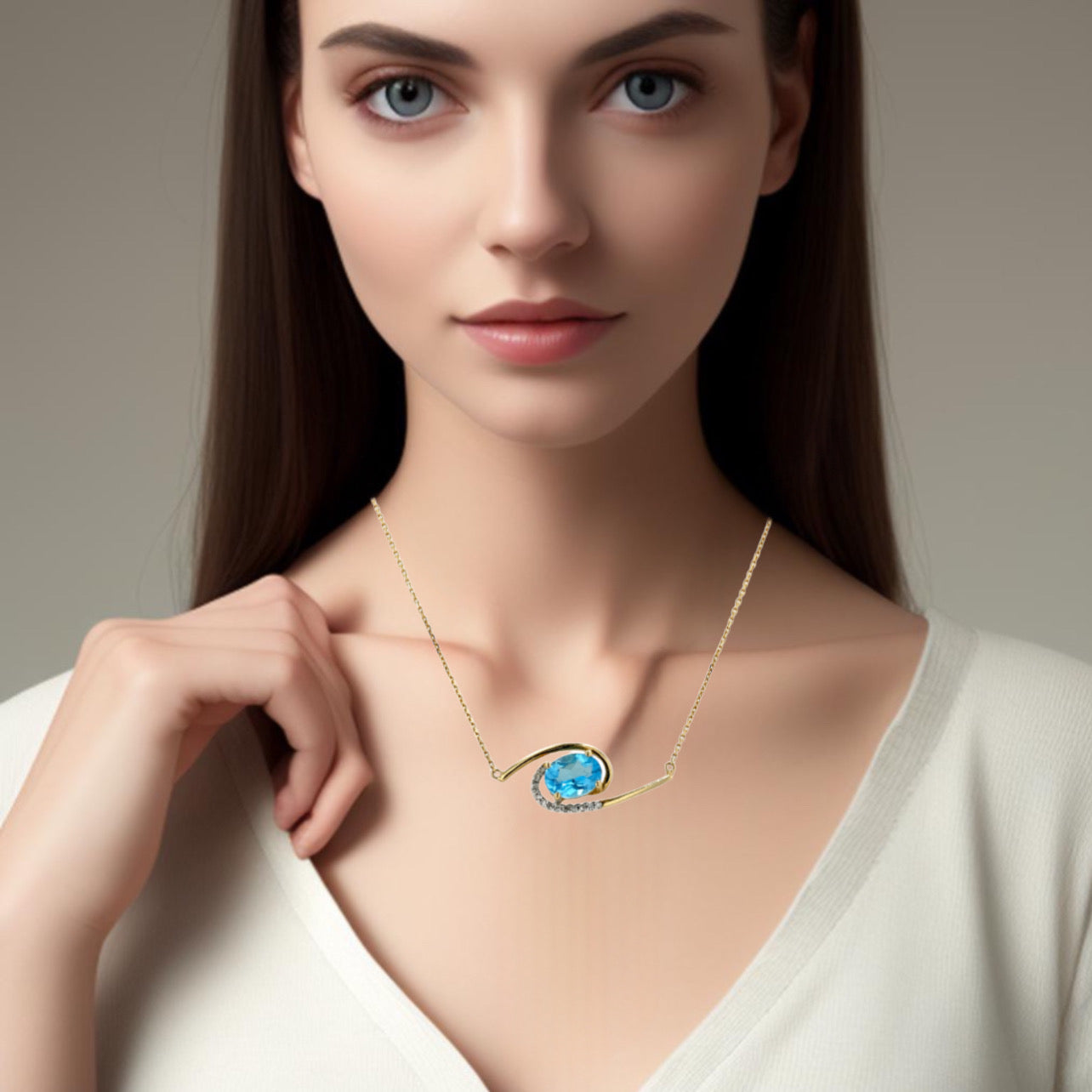 Yellow gold 14k necklace blue topaz and diamonds