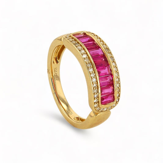 10k Yellow gold baguette ruby and diamonds ring-31758l