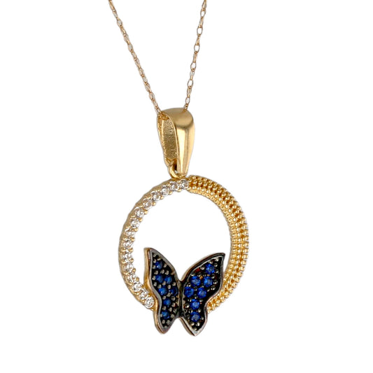 14K Yellow gold circle blue butterfly pendant singapore chain-528398
