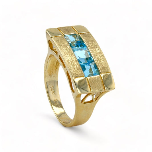 14K Yellow gold natural aquamarine texture band solid ring-