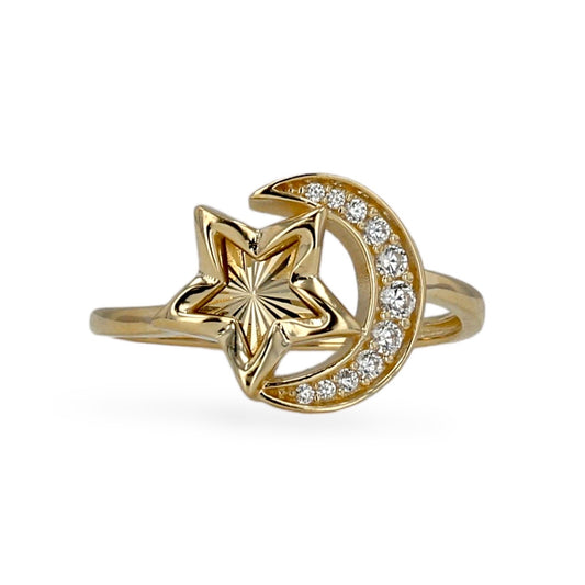 14K Yellow gold moon and start lady ring
