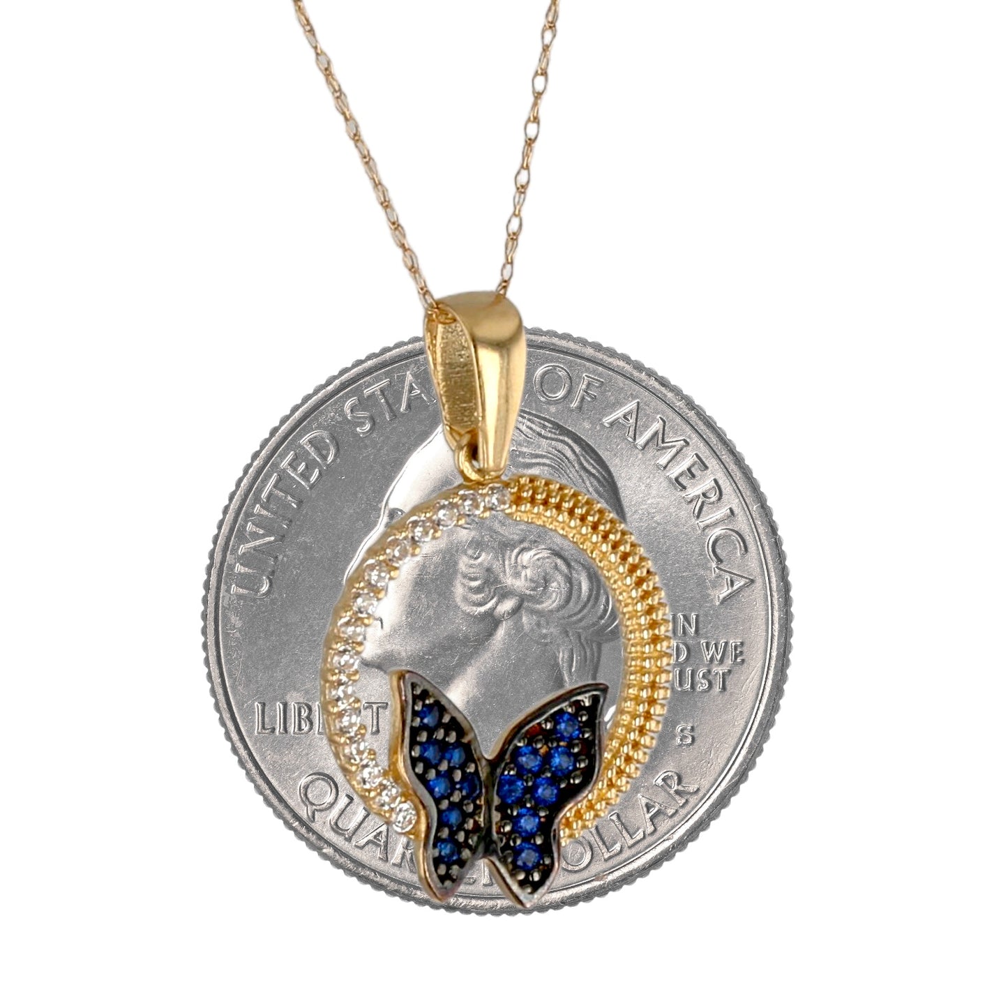 14K Yellow gold circle blue butterfly pendant singapore chain-528398