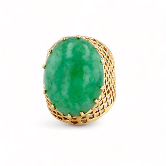 10K Yellow gold oval mesh rare green aventurine dome ring-31366