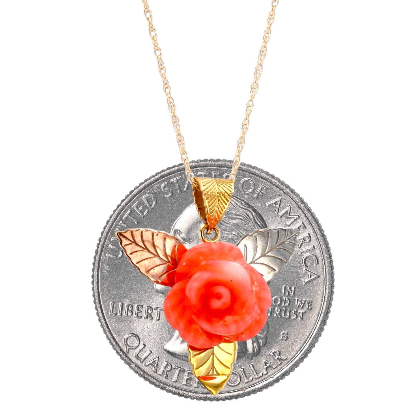 14K Yellow gold red coral rose pendant Singapore chain-52930