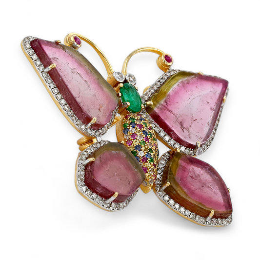 18k Yellow gold  Watermelon tourmaline butterfly pin