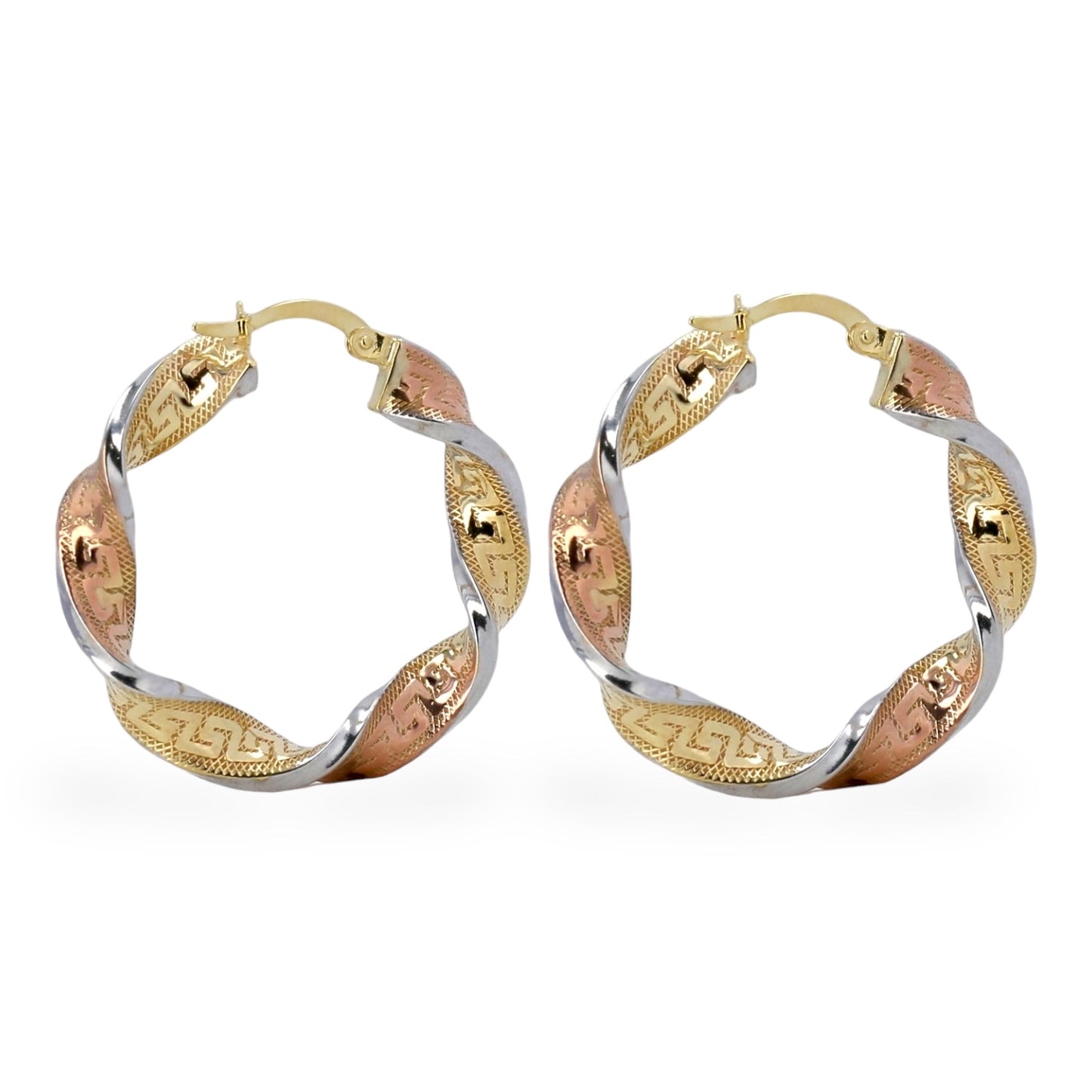 10K Three color twists medium hoops earrings-226169