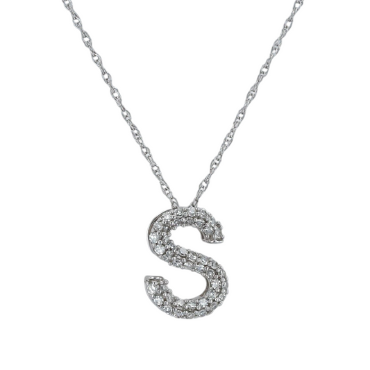 10K white gold S initial diamond Platinum necklace-18855