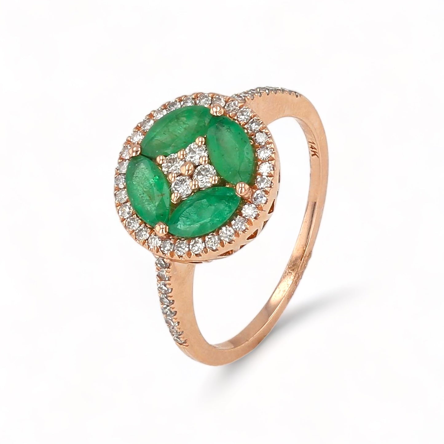 14k Rose  gold green emerald  diamonds accents clover ring-22697