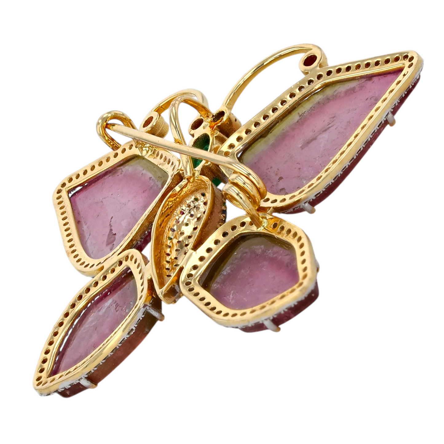 18k Yellow gold  Watermelon tourmaline butterfly pin