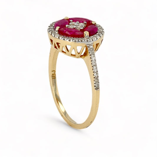14K Yellow gold red ruby diamonds accents clover ring-19688