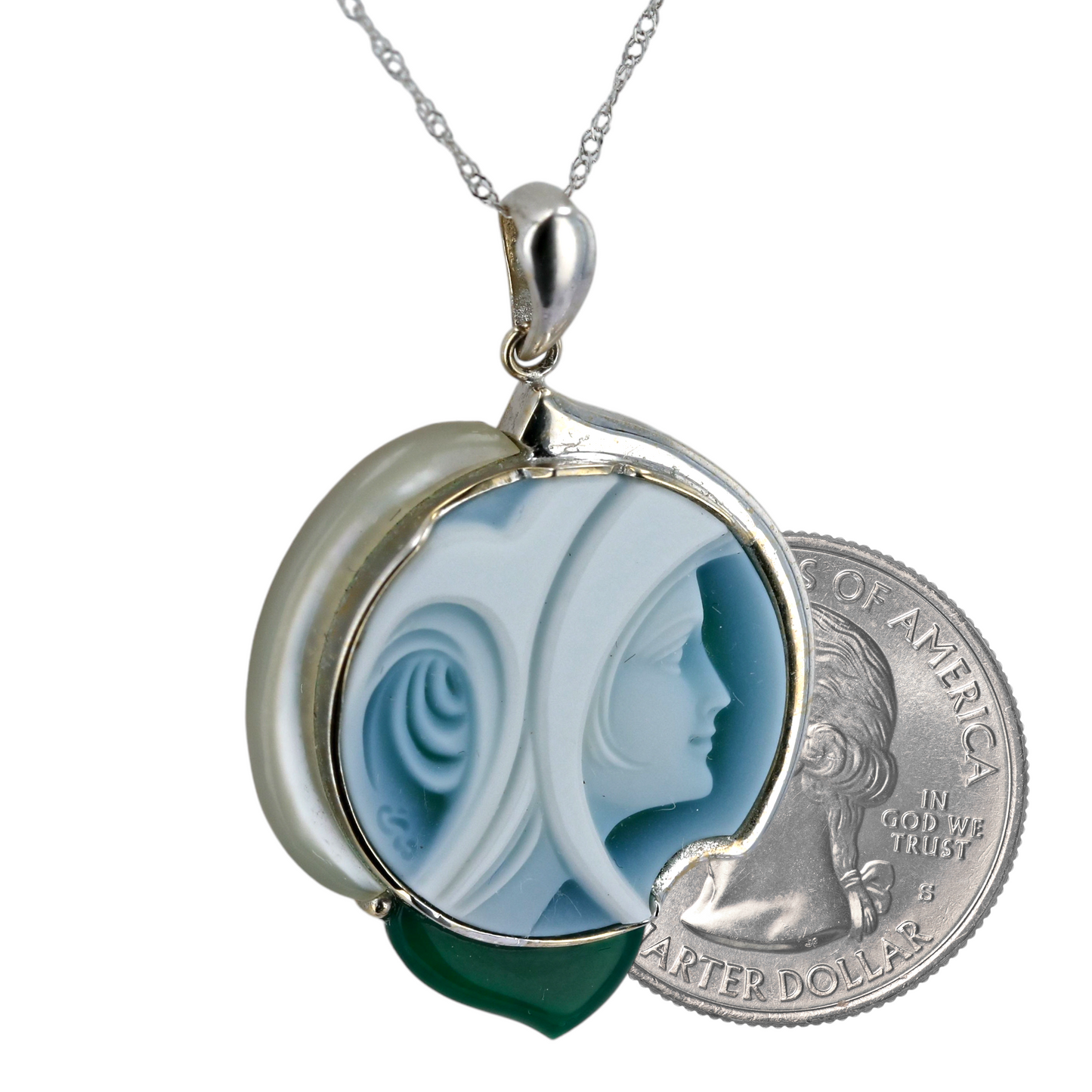 18k White gold Madona Cameo carving pendant necklace-18208