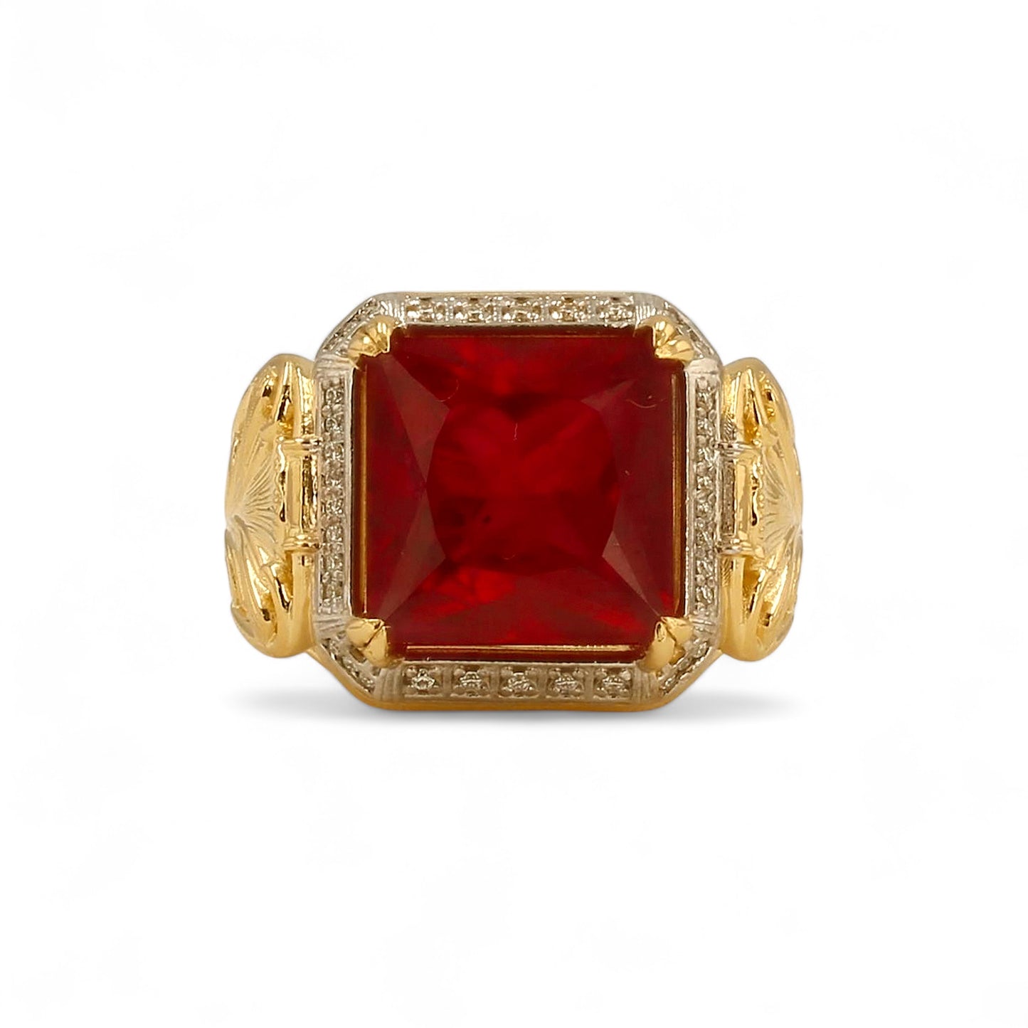 14K Yellow gold solid floral 13*13 Ruby ring-367528