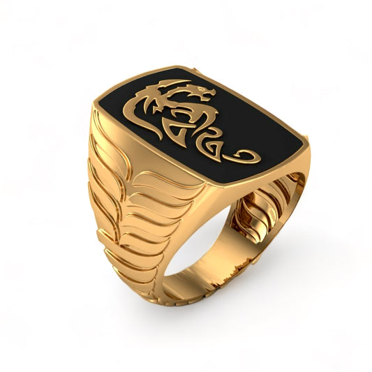 14K Yellow gold solid tribal dragon man ring black enamel-62838