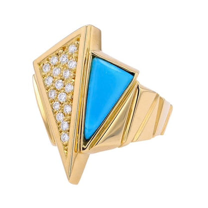 18K yellow gold  deco Turquoise and Diamond Ring-GMR-33296