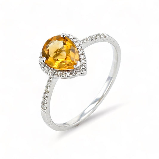 10K White gold halo pear citrine diamonds ring-29304