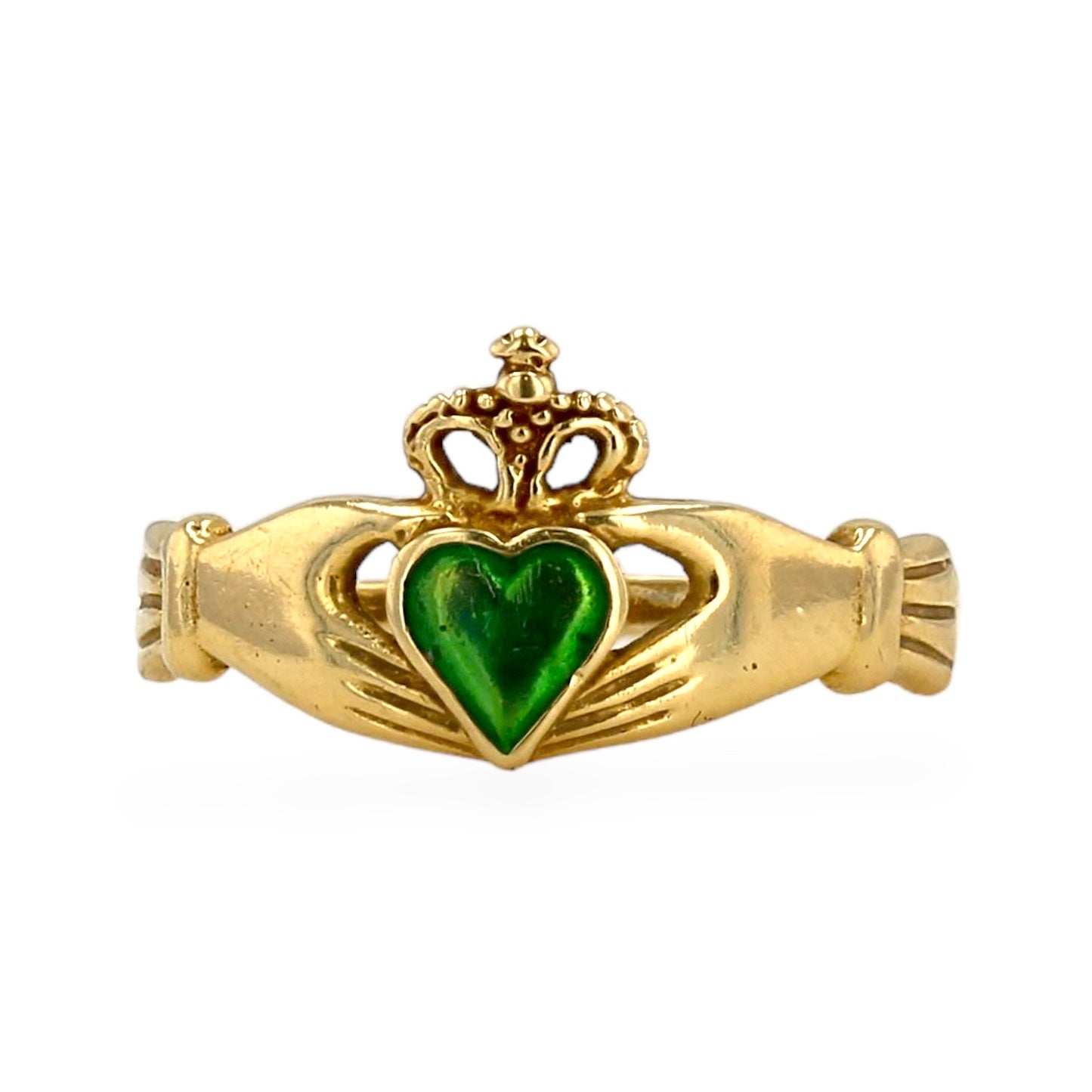 14K Yellow gold green heart claddagh ring