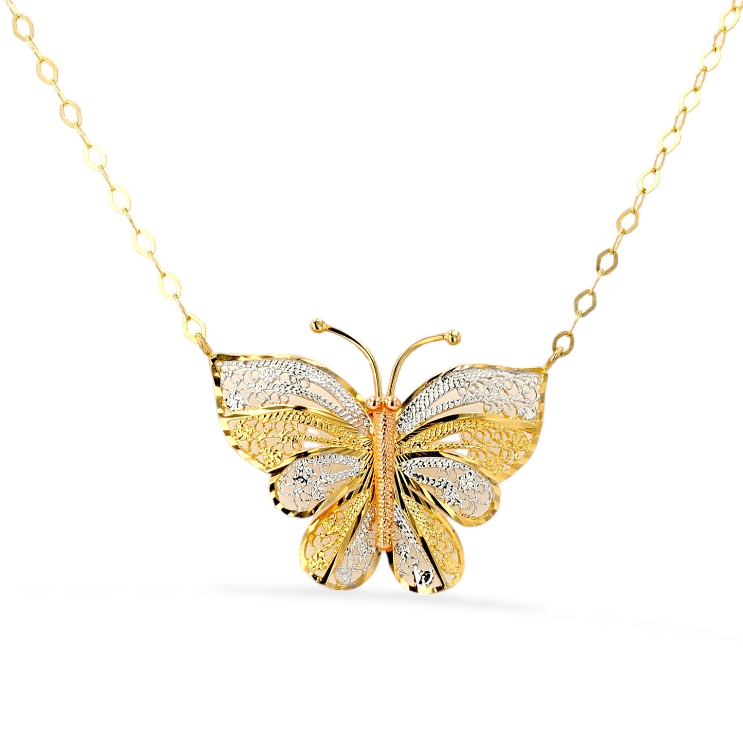 14K tricolor gold filigrana diamond cut butterfly necklace
