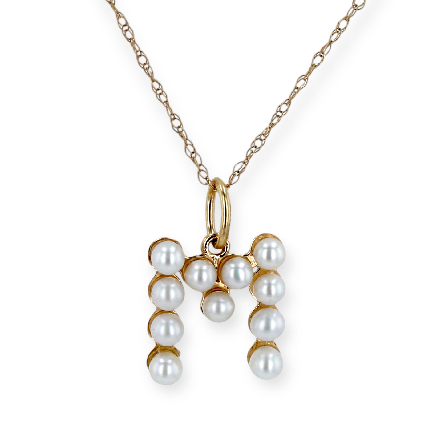 14K Yellow gold pearl letter M necklace-530738