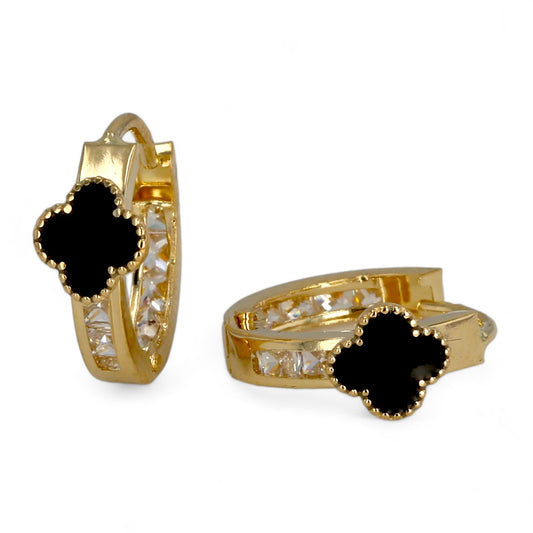 14K Yellow gold onyx clover Huggies earrings-4293004