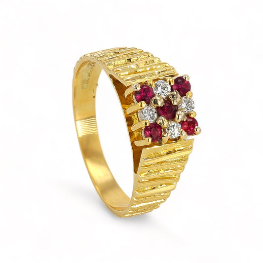 14K Yellow gold  ruby and diamonds nugget texture ring-10487