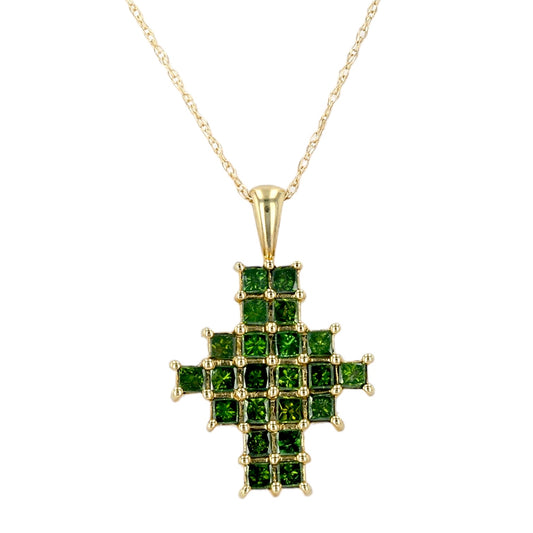 Green diamond yellow gold deco cross necklace-15444