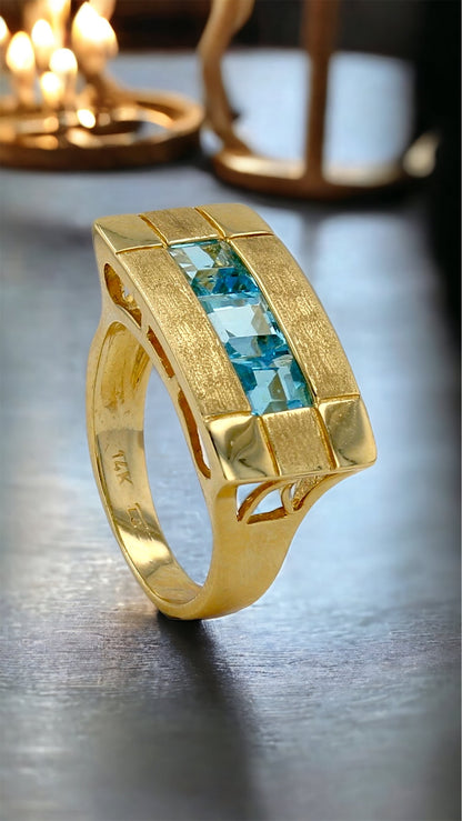 14K Yellow gold natural aquamarine texture band solid ring-