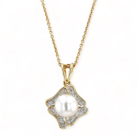 14K Yellow gold diamond pearl clover choker-5909
